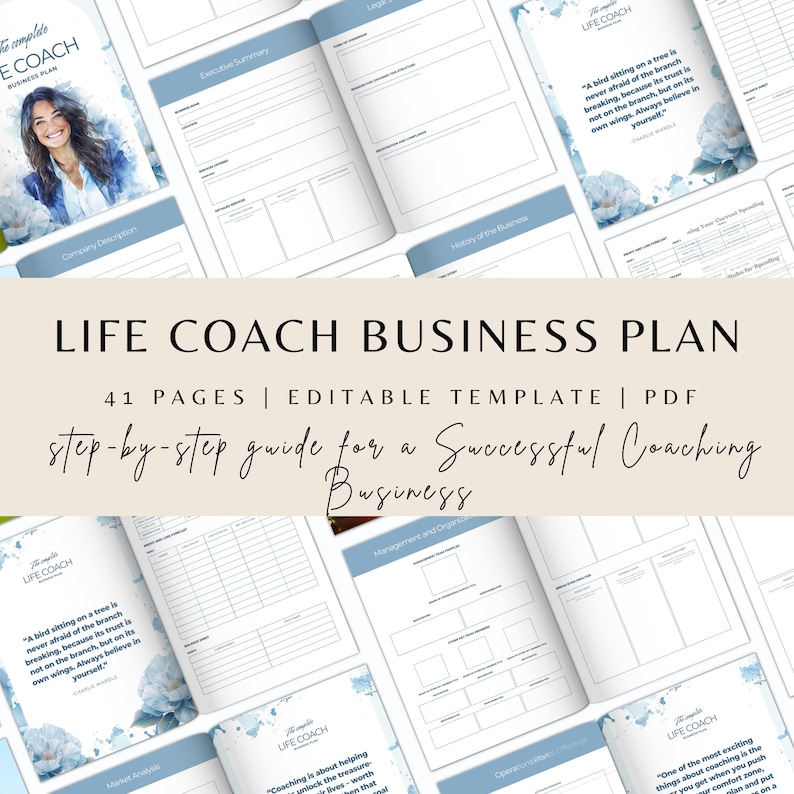 May include: A blue and white business plan template for life coaches. The cover features a quote about trusting your own wings. The text on the cover reads "The Complete Life Coach Business Plan, 41 Pages | Editable Template | PDF, Step-by-step guide for a Successful Coaching Business."