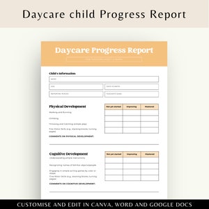 Daycare Child Progress Report Template Fillable Form for Daycare