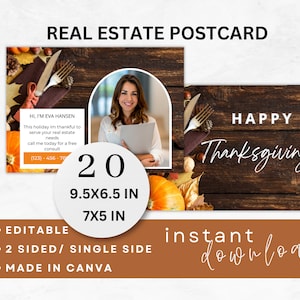 Cartões postais de feliz feriado de Ação de Graças para marketing imobiliário vendido corretor de imóveis mailer editável modelo canva cartão postal comercial imprimível