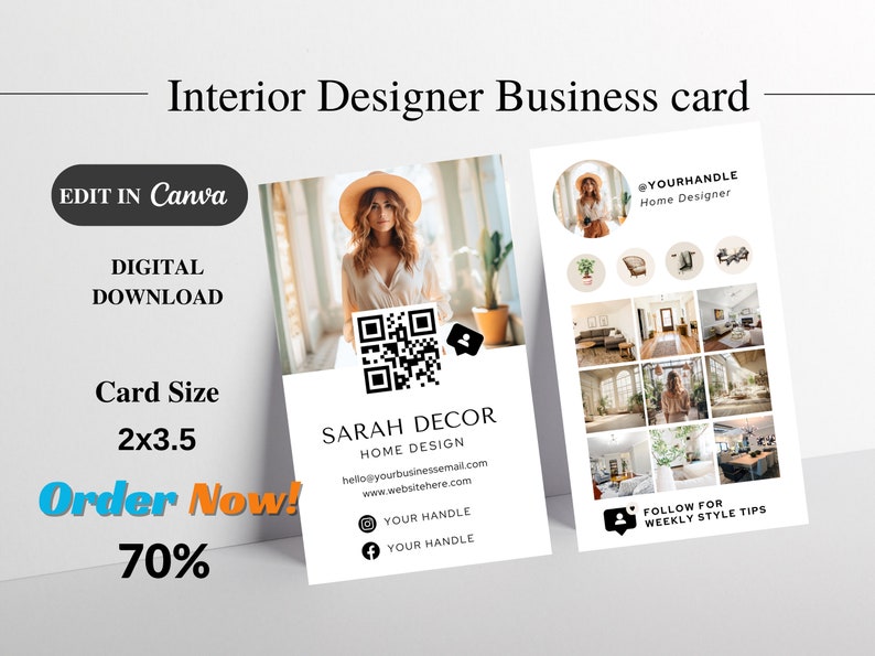 Interior designer business card home decor Instagram marketing card QR Code Social Media branding Template Editable Canva Business Card image 2