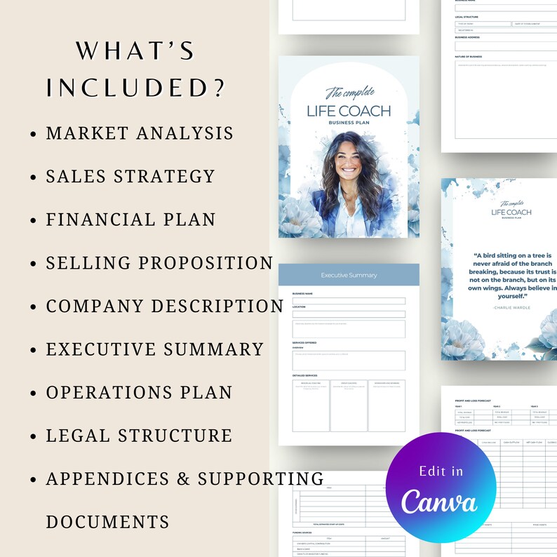 May include: A blue and white business plan template for life coaches. The template includes sections for market analysis, sales strategy, financial plan, selling proposition, company description, executive summary, operations plan, legal structure, and appendices and supporting documents. The template also includes a quote by Charlie Warzel: "A bird sitting on a tree is never afraid of the branch breaking, because its trust is not on the branch, but on its own wings. Always believe in yourself."