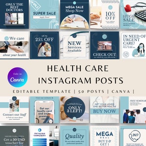 May include: A collection of 12 Instagram post templates for healthcare businesses. The templates feature a blue and light blue color scheme with icons and text. The text includes phrases like "Only the Best Doctors", "Super Sale", "New Services Available", "Check Out", "In Need of Urgent Care?", "Contact Our Staff", "Get Our Loyalty Card", "Only 3 Left!", "Gift Your Loved One Better Health", "Quality", "Mega Deal", and "24/7".