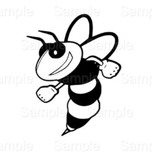 May include: Black and white cartoon illustration of a smiling bee with striped wings and a black and white striped body.