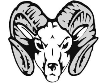May include: Black and white illustration of a ram's head with large curled horns.