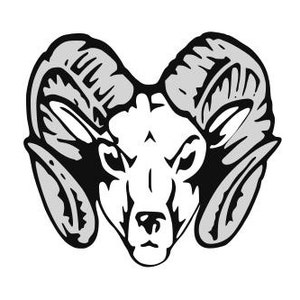 May include: Black and white illustration of a ram's head with large curled horns.