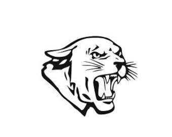 May include: Black and white illustration of a snarling panther head.