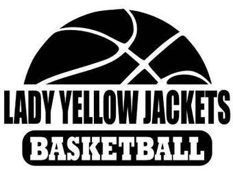 May include: Black and white logo featuring a basketball graphic and the text "Lady Yellow Jackets Basketball".