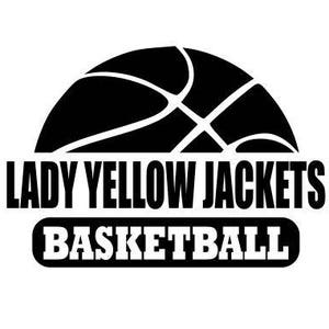 Puede incluir: Logotipo en blanco y negro con un gráfico de baloncesto y el texto "Lady Yellow Jackets Basketball".