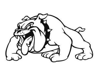 May include: Black and white line art illustration of a bulldog with a snarling expression. The bulldog is drawn in a cartoon style with exaggerated features.