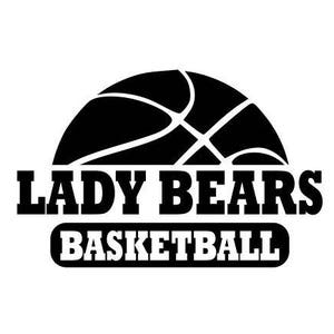 May include: Black and white logo for a basketball team called "Lady Bears Basketball". The logo features a basketball with a black outline and white stitching.