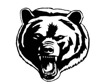 May include: Black and white illustration of a bear's head with an open mouth showing sharp teeth.