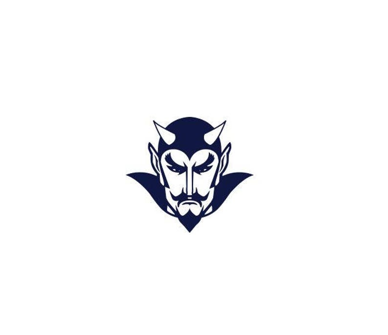 May include: A navy blue devil head logo with white horns, a goatee, and a stern expression. The devil has a pointed chin and a collar. The image is a simple, graphic design on a white background.