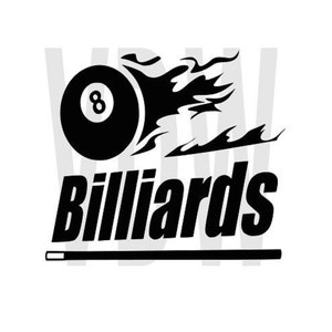 Könnte beinhalten: Schwarzweißes Grafikdesign eines Billardballs mit Flammen dahinter. Der Text "Billiards" befindet sich unter dem Ball. Ein schwarzer Queue befindet sich unter dem Text.