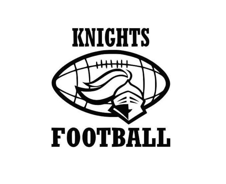 May include: Black and white illustration of a football with a knight's helmet and plume inside. The text "KNIGHTS FOOTBALL" is above and below the football.