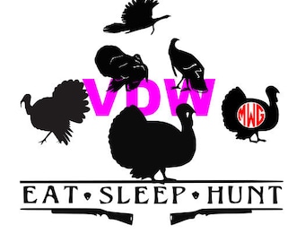 May include: Black and white silhouette design of turkeys with the text "Eat Sleep Hunt" and the letters "VDW" in pink.