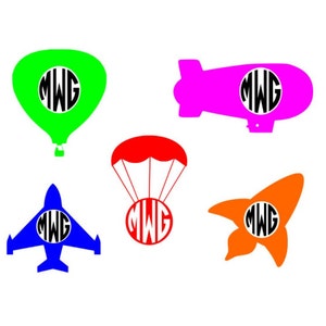May include: Five different colored silhouettes of vehicles with a circle containing the letters "MWG" in the center of each. The vehicles are a hot air balloon, a blimp, a parachute, a jet, and a star.
