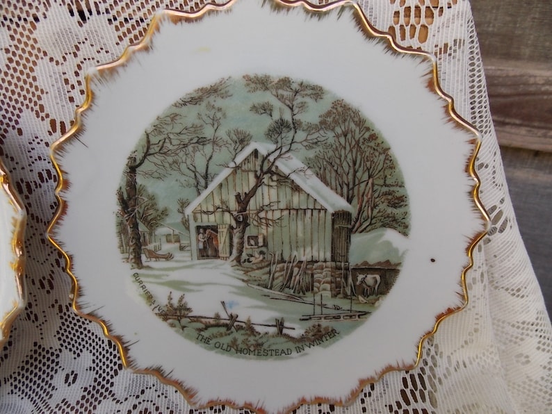 VINTAGE CURRIER & IVES Wall Plates The Homestead In Winter and The Old Homestead In Winter Wall Hangings image 2