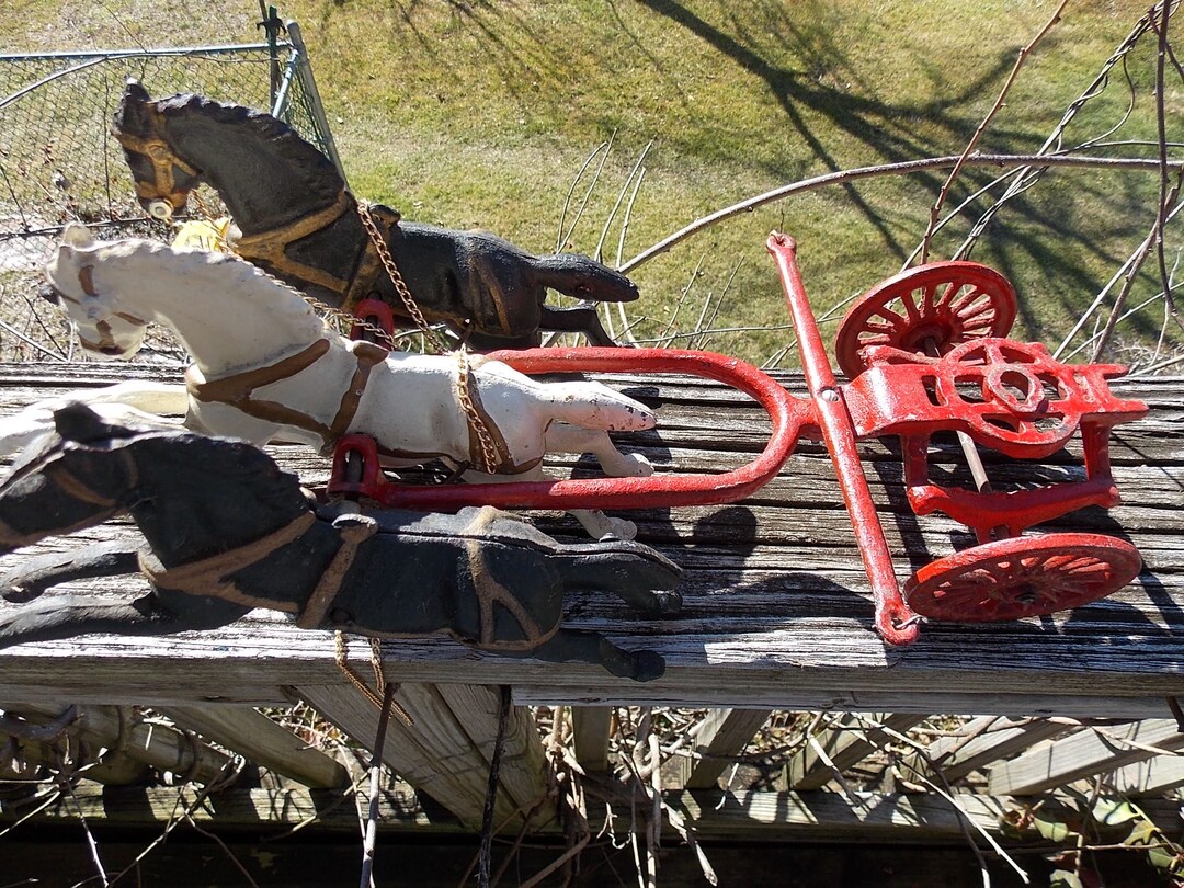 Vintage Cast Iron Three Horse Team Two Black Horses One White Etsy