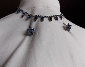 Vintage Rhinestone Necklace and Screw on Earring Set. Small Light Blue and Medium blue Rhinestones.