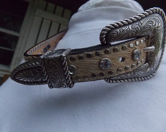 Vintage Nocona Western Belt Light Brown Cow Hair on Leather, Crystals, Dots, Size 24