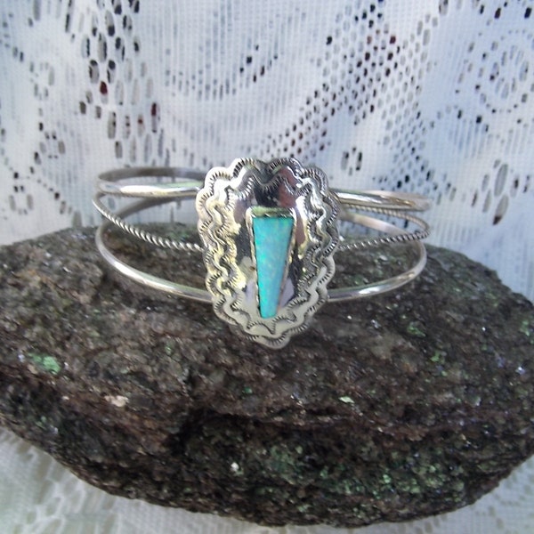 Native American Handcrafted Cuff Bracelet Opal Sterling Silver Stamped Sterling Stamped H Spencer (artist)