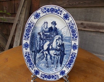 Vintage Delft Blauw Large Oval Platter Wall Hanging Wedding Bride and Groom in Horse Drawn Carriage 16 1/2" x 12"