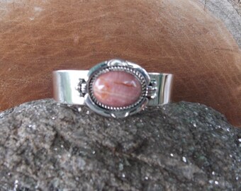 Native American Handcrafted Cuff Bracelet Rhodecrosite Stone Sterling Silver Stamped K (artiste) Stamped Sterling