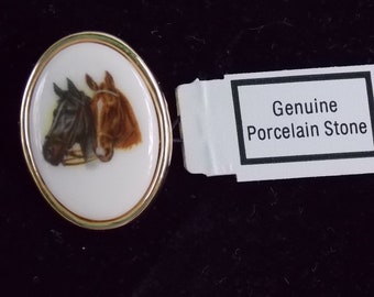 Vintage Handcrafted Porcelain Pin Chestnut and Black Horse with Bridles Gold Trim Made in USA New Old Stock