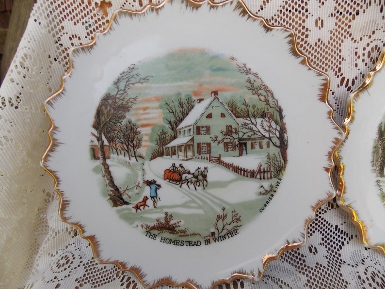 VINTAGE CURRIER & IVES Wall Plates The Homestead In Winter and The Old Homestead In Winter Wall Hangings image 4