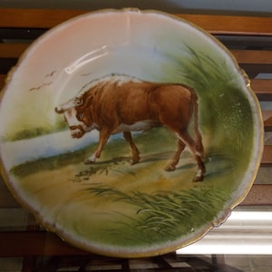 LS & S LIMOGES France 9.5&quot; Hand Painted Plate of a Bull Artist Signed