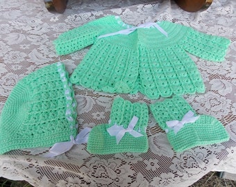 CROCHET BABY SWEATER Set Sweater Hat and Booties Mint Green