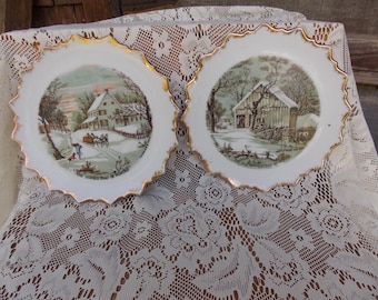 VINTAGE CURRIER & IVES Wall Plates The Homestead In Winter and The Old Homestead In Winter Wall Hangings