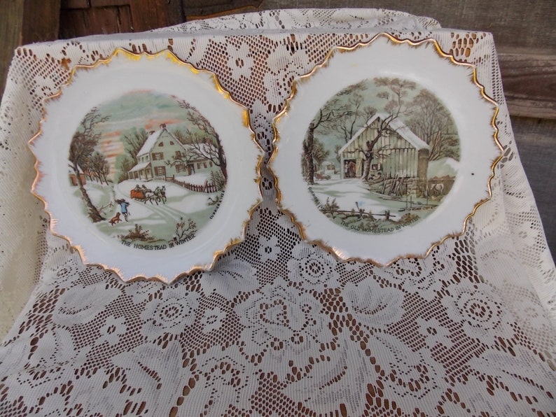 VINTAGE CURRIER & IVES Wall Plates The Homestead In Winter and The Old Homestead In Winter Wall Hangings image 1