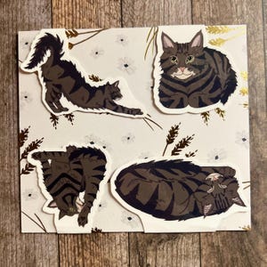 May include: Four brown tabby cat stickers on a white background with a floral pattern. The cats are in different poses, including sitting, lying down, and stretching.