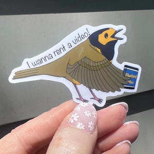 Könnte beinhalten: Ein gestanzter Aufkleber mit einem braun-schwarzen Vogel mit orangefarbenem Gesicht, ausgebreiteten Flügeln und einem blauen VHS-Band mit der Aufschrift Bluebird Video. Der Text I wanna rent a video! steht in Schwarz über dem Vogelrücken.