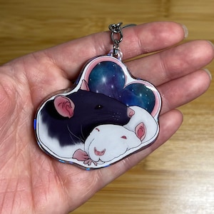 Double rat keychain, customizable, holographic, galaxy, heart