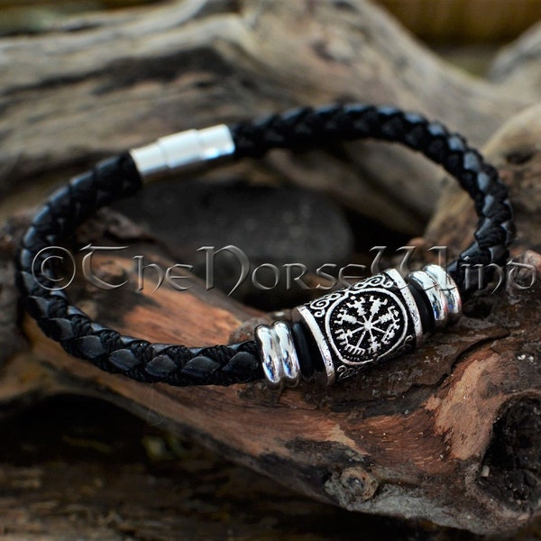 Viking Bracelet, Vegvisir Leather Bracelet, Viking Compass Wristband, Viking Jewelry, Norse Runes Amulet, Asatru, Norse Mythology