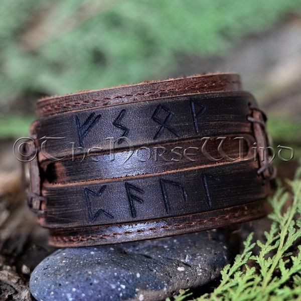 Custom Viking Leather Bracelet, Brown/Black Norse Runes Amulet for Success and Prosperity, Personalized Norse Rune Bracelet Viking Jewelry