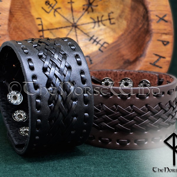 Black / Brown Leather Bracelet, Men's Leather Bracelet, Gothic Viking Bracelet, Womens / Mens Braided Leather Cuff Norse Viking Jewelry