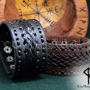 Zwart/bruine leren armband, leren herenarmband, gotische Viking-armband, gevlochten leren manchet dames/heren Noorse Viking-sieraden