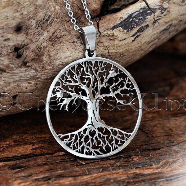 Silber Yggdrasil Halskette, Wikinger Kette, Keltischer Baum des Lebens, Laser Cut Stahl, Wikinger Schmuck