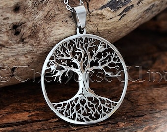 Silber Yggdrasil Halskette, Wikinger Kette, Keltischer Baum des Lebens, Laser Cut Stahl, Wikinger Schmuck