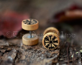 Vegvisir Earrings, Fake Plug Viking Compass Runes Gauges Wooden Earplugs 10mm, Vegvisir Tunnels Earrings Viking Jewelry Norse Mythology