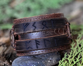 Custom Viking Leather Bracelet, Brown/Black Norse Runes Amulet for Success and Prosperity, Personalized Norse Rune Bracelet Viking Jewelry