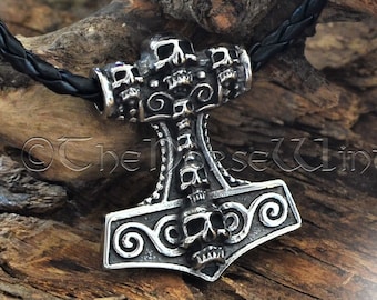Thor's Hammer Viking Necklace, Skull Mjolnir Stainless Steel Pendant, Viking Jewelry, Norse Mythology Strength Amulet Asatru Jewellery