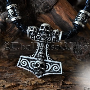 Thor's Hammer Viking Skull Necklace, Norse Mjolnir Pendant, Stainless Steel Men's Necklace, Strength Amulet, Viking Jewelry, Norse Mythology