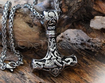 Viking Mjolnir Necklace, Thor's Hammer Stainless Steel Pendant, Viking Jewelry, Strength Amulet Norse Mythology Asatru