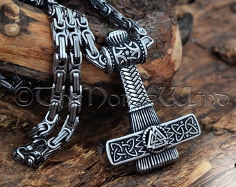 Thor's Hammer Viking-ketting, Valknut Mjolnir-hanger met gravure van Keltische knopen, Noorse mythologie, roestvrijstalen Viking-sieradencadeau