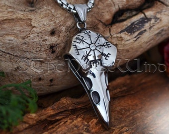 Viking Raven Skull Necklace with Vegvisir Symbol, Hugin and Munin Viking Compass Pendant, Stainless Steel Viking Jewelry, Norse Mythology