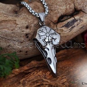 Viking Raven Skull Necklace with Vegvisir Symbol, Hugin and Munin Viking Compass Pendant, Stainless Steel Viking Jewelry, Norse Mythology